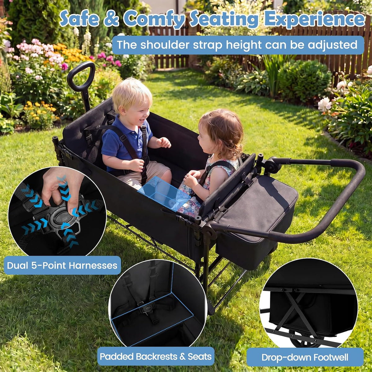 Wagon Stroller for 2 Kids, Foldable Side-Unzip Stroller Wagon with Adjustable Push/Pull Handle, Removable Canopy, Storage Bag, Harness & All-Terrain Wheels for Zoo, Beach & Travel (Gray)
