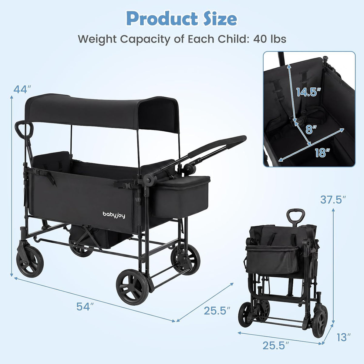 Wagon Stroller for 2 Kids, Foldable Side-Unzip Stroller Wagon with Adjustable Push/Pull Handle, Removable Canopy, Storage Bag, Harness & All-Terrain Wheels for Zoo, Beach & Travel (Gray)