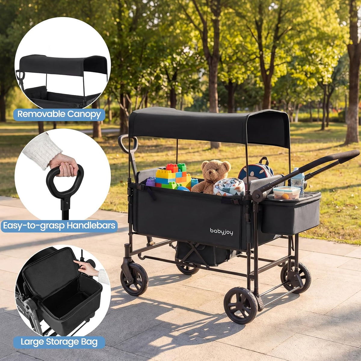 Wagon Stroller for 2 Kids, Foldable Side-Unzip Stroller Wagon with Adjustable Push/Pull Handle, Removable Canopy, Storage Bag, Harness & All-Terrain Wheels for Zoo, Beach & Travel (Gray)