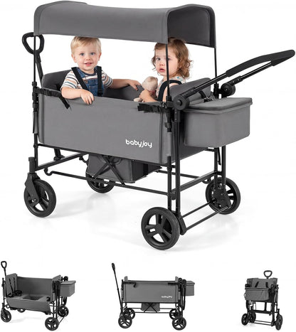 Wagon Stroller for 2 Kids, Foldable Side-Unzip Stroller Wagon with Adjustable Push/Pull Handle, Removable Canopy, Storage Bag, Harness & All-Terrain Wheels for Zoo, Beach & Travel (Gray)