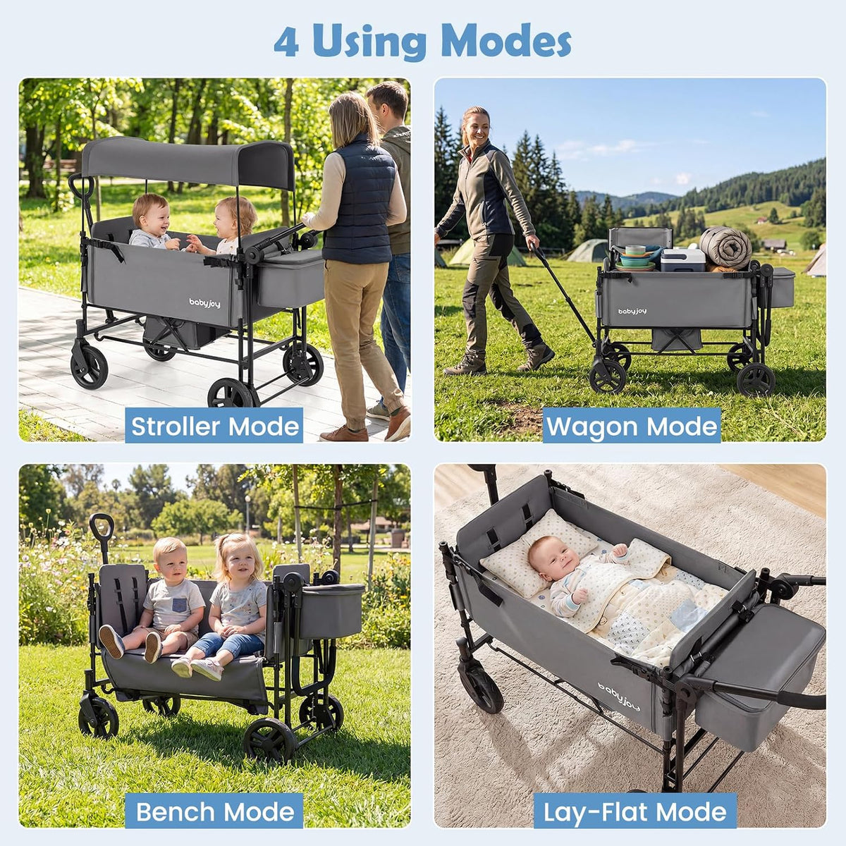Wagon Stroller for 2 Kids, Foldable Side-Unzip Stroller Wagon with Adjustable Push/Pull Handle, Removable Canopy, Storage Bag, Harness & All-Terrain Wheels for Zoo, Beach & Travel (Gray)