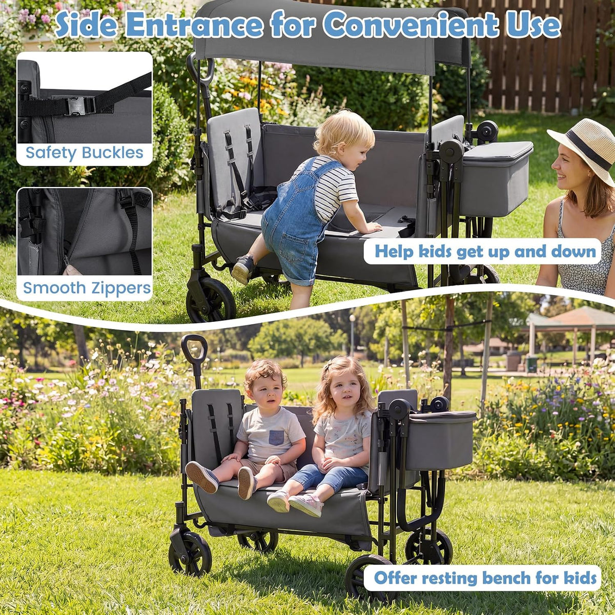 Wagon Stroller for 2 Kids, Foldable Side-Unzip Stroller Wagon with Adjustable Push/Pull Handle, Removable Canopy, Storage Bag, Harness & All-Terrain Wheels for Zoo, Beach & Travel (Gray)