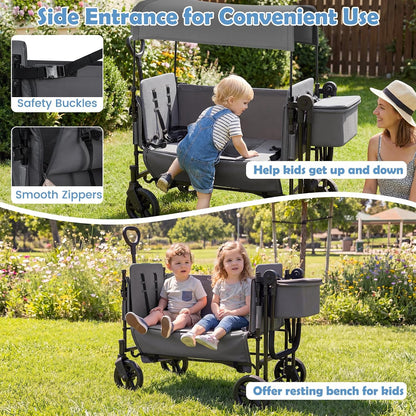 Wagon Stroller for 2 Kids, Foldable Side-Unzip Stroller Wagon with Adjustable Push/Pull Handle, Removable Canopy, Storage Bag, Harness & All-Terrain Wheels for Zoo, Beach & Travel (Gray)