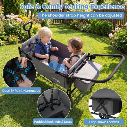 Wagon Stroller for 2 Kids, Foldable Side-Unzip Stroller Wagon with Adjustable Push/Pull Handle, Removable Canopy, Storage Bag, Harness & All-Terrain Wheels for Zoo, Beach & Travel (Gray)