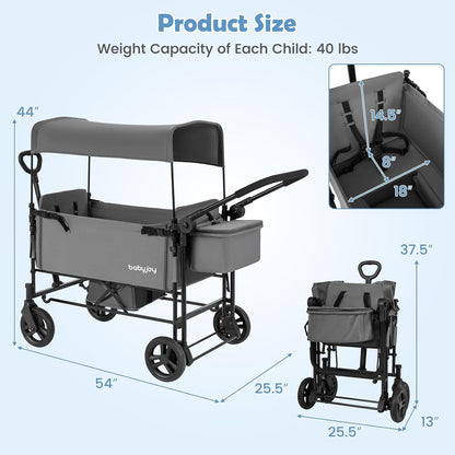 Wagon Stroller for 2 Kids, Foldable Side-Unzip Stroller Wagon with Adjustable Push/Pull Handle, Removable Canopy, Storage Bag, Harness & All-Terrain Wheels for Zoo, Beach & Travel (Gray)