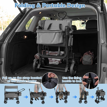 Wagon Stroller for 2 Kids, Foldable Side-Unzip Stroller Wagon with Adjustable Push/Pull Handle, Removable Canopy, Storage Bag, Harness & All-Terrain Wheels for Zoo, Beach & Travel (Gray)
