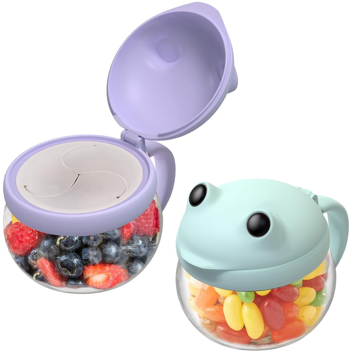 2 Pack 12.3 Oz Snack Cups for Toddlers Spill Proof Food Grade Tritan Baby Snack Container with Cute Frog Lid and Handle PVC Free Kids Snack Catcher Fit for On-the-Go (Green & Purple)