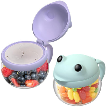 2 Pack 12.3 Oz Snack Cups for Toddlers Spill Proof Food Grade Tritan Baby Snack Container with Cute Frog Lid and Handle PVC Free Kids Snack Catcher Fit for On-the-Go (Green & Purple)