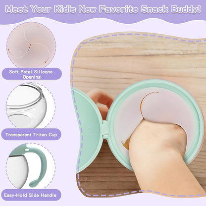 2 Pack 12.3 Oz Snack Cups for Toddlers Spill Proof Food Grade Tritan Baby Snack Container with Cute Frog Lid and Handle PVC Free Kids Snack Catcher Fit for On-the-Go (Green & Purple)