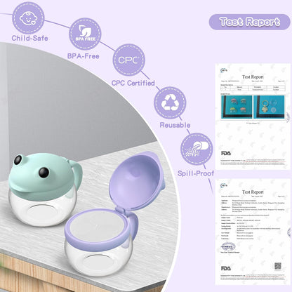2 Pack 12.3 Oz Snack Cups for Toddlers Spill Proof Food Grade Tritan Baby Snack Container with Cute Frog Lid and Handle PVC Free Kids Snack Catcher Fit for On-the-Go (Green & Purple)