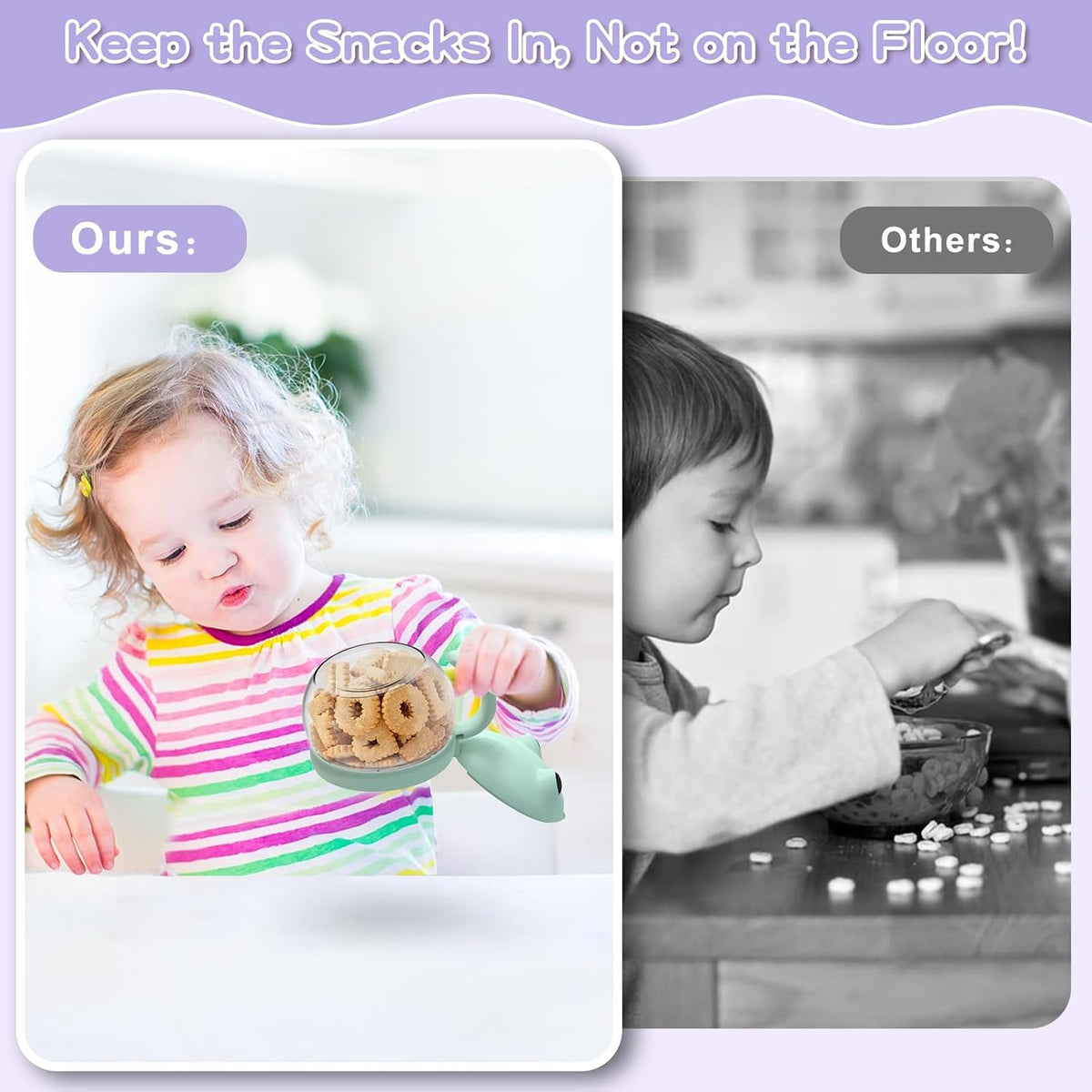 2 Pack 12.3 Oz Snack Cups for Toddlers Spill Proof Food Grade Tritan Baby Snack Container with Cute Frog Lid and Handle PVC Free Kids Snack Catcher Fit for On-the-Go (Green & Purple)