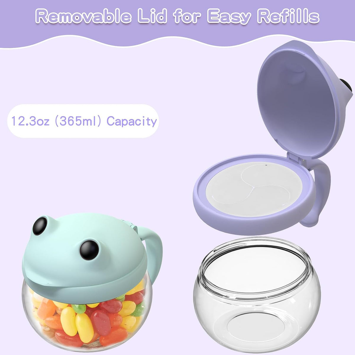 2 Pack 12.3 Oz Snack Cups for Toddlers Spill Proof Food Grade Tritan Baby Snack Container with Cute Frog Lid and Handle PVC Free Kids Snack Catcher Fit for On-the-Go (Green & Purple)