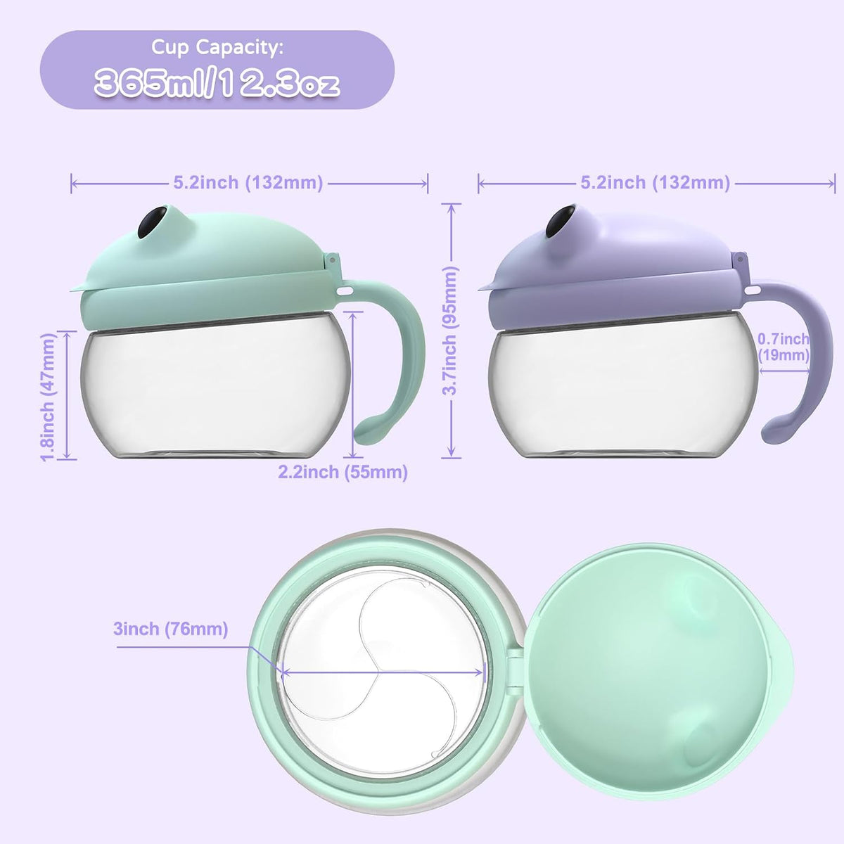 2 Pack 12.3 Oz Snack Cups for Toddlers Spill Proof Food Grade Tritan Baby Snack Container with Cute Frog Lid and Handle PVC Free Kids Snack Catcher Fit for On-the-Go (Green & Purple)