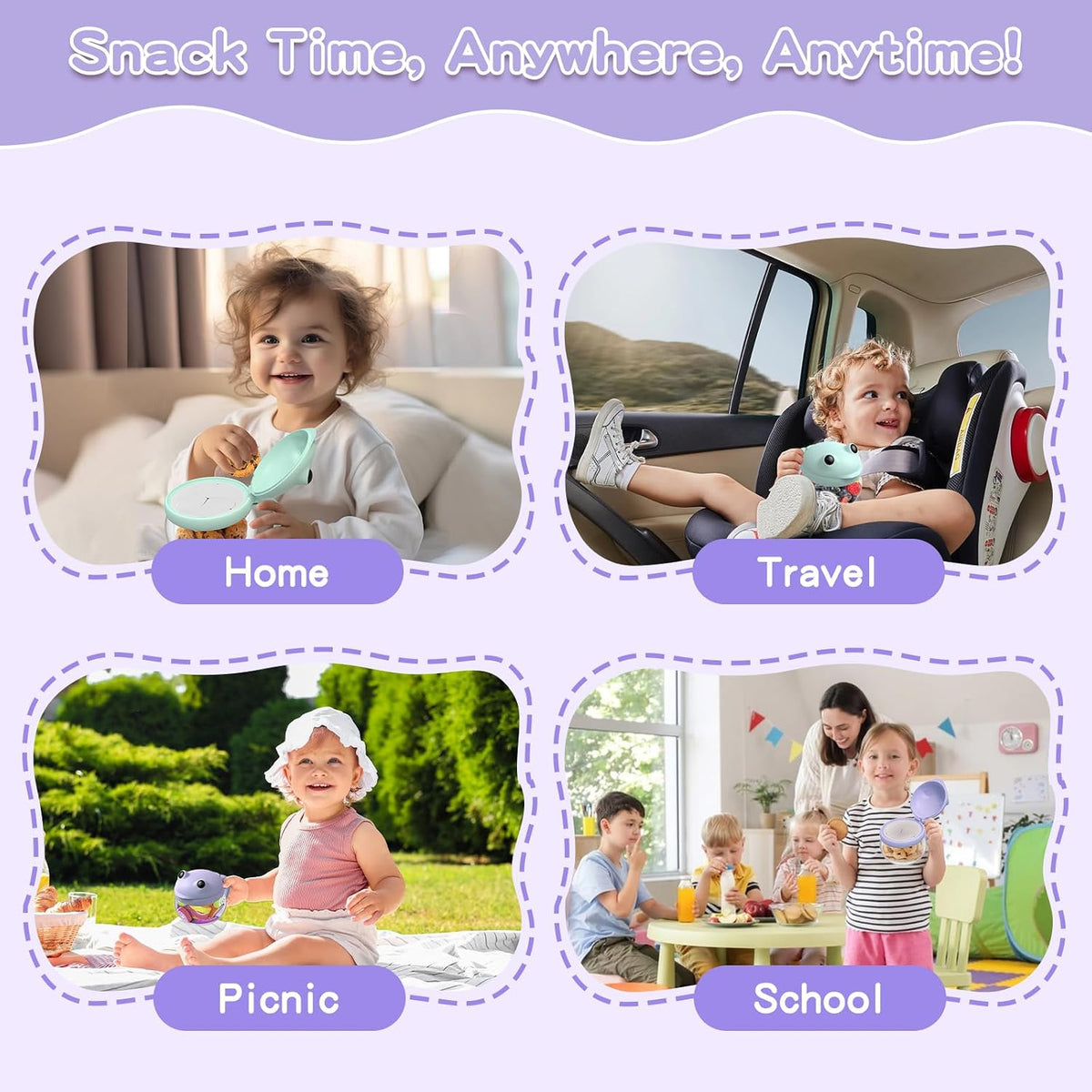 2 Pack 12.3 Oz Snack Cups for Toddlers Spill Proof Food Grade Tritan Baby Snack Container with Cute Frog Lid and Handle PVC Free Kids Snack Catcher Fit for On-the-Go (Green & Purple)