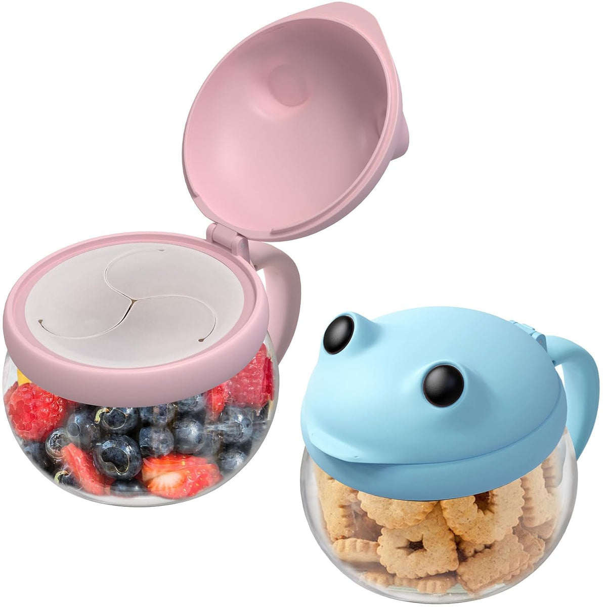 2 Pack 12.3 Oz Snack Cups for Toddlers Spill Proof Food Grade Tritan Baby Snack Container with Cute Frog Lid and Handle PVC Free Kids Snack Catcher Fit for On-the-Go (Green & Purple)