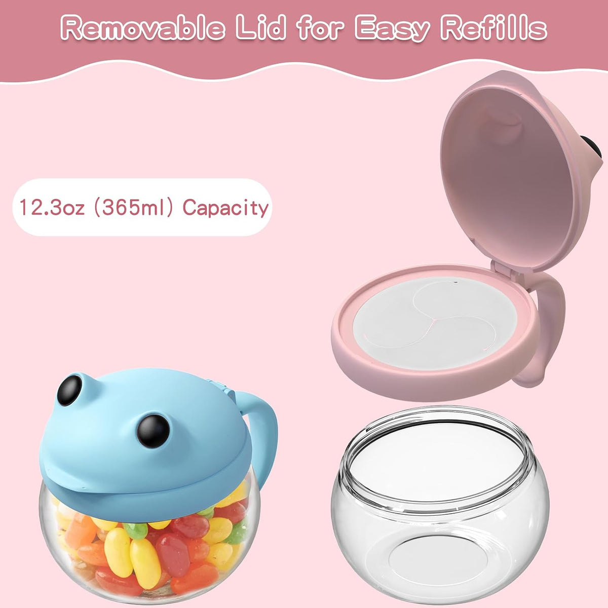 2 Pack 12.3 Oz Snack Cups for Toddlers Spill Proof Food Grade Tritan Baby Snack Container with Cute Frog Lid and Handle PVC Free Kids Snack Catcher Fit for On-the-Go (Green & Purple)