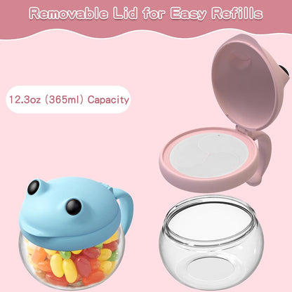 2 Pack 12.3 Oz Snack Cups for Toddlers Spill Proof Food Grade Tritan Baby Snack Container with Cute Frog Lid and Handle PVC Free Kids Snack Catcher Fit for On-the-Go (Green & Purple)