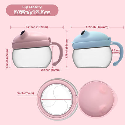 2 Pack 12.3 Oz Snack Cups for Toddlers Spill Proof Food Grade Tritan Baby Snack Container with Cute Frog Lid and Handle PVC Free Kids Snack Catcher Fit for On-the-Go (Green & Purple)