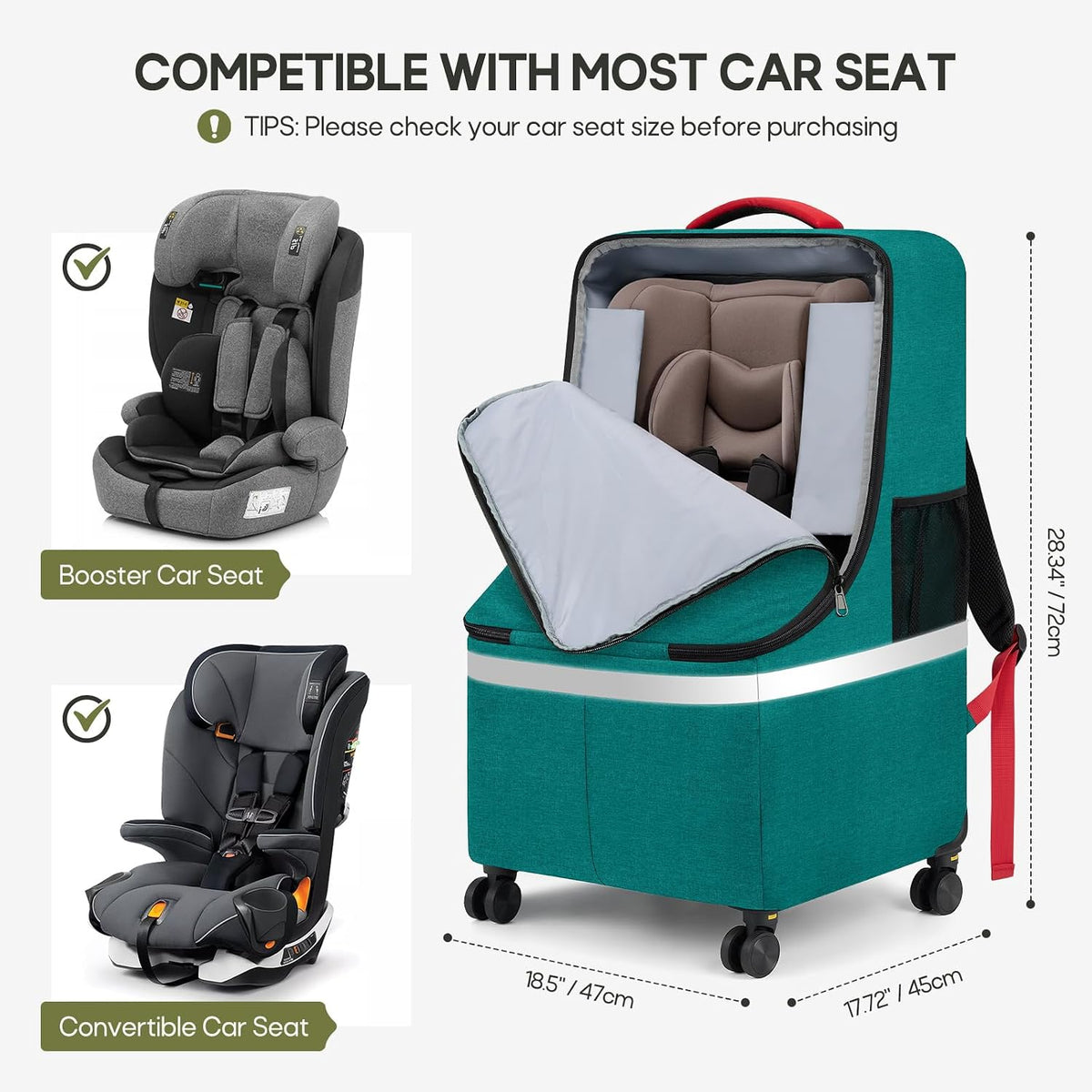 Padded Car Seat Travel Bag for Airplane with Spinner Wheels