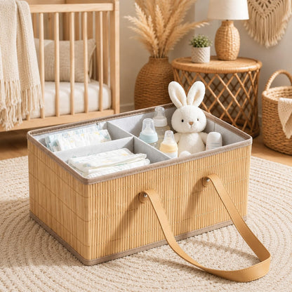 Large Wicker Baby Diaper Caddy Organizer, Bamboo Storage Basket with Removable Dividers, Wooden Nursery Bin for Portable Car, Boho Diaper Basket with Handles