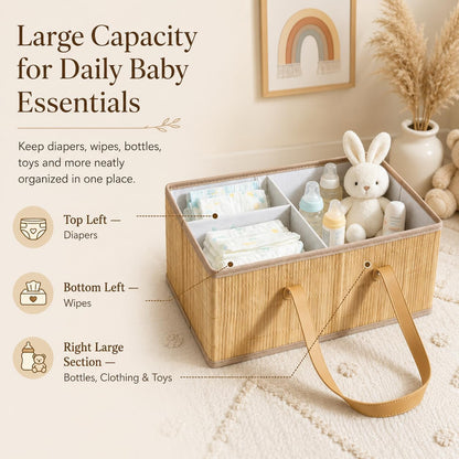 Large Wicker Baby Diaper Caddy Organizer, Bamboo Storage Basket with Removable Dividers, Wooden Nursery Bin for Portable Car, Boho Diaper Basket with Handles