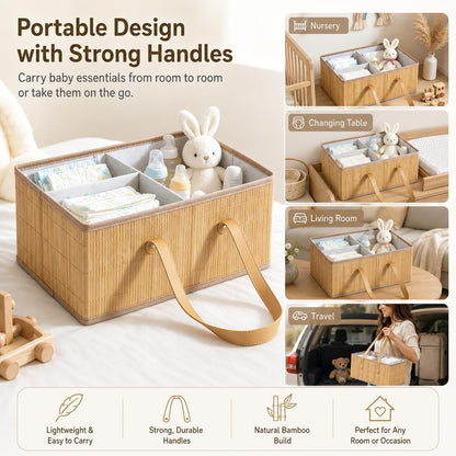 Large Wicker Baby Diaper Caddy Organizer, Bamboo Storage Basket with Removable Dividers, Wooden Nursery Bin for Portable Car, Boho Diaper Basket with Handles