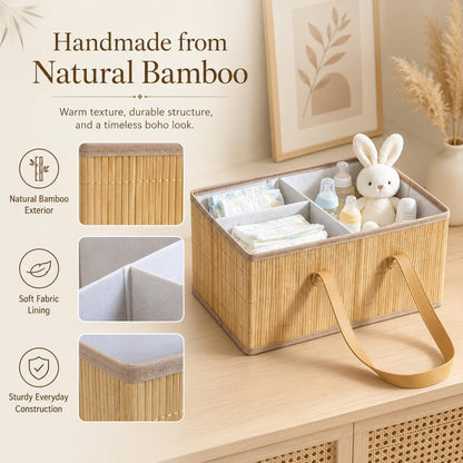 Large Wicker Baby Diaper Caddy Organizer, Bamboo Storage Basket with Removable Dividers, Wooden Nursery Bin for Portable Car, Boho Diaper Basket with Handles