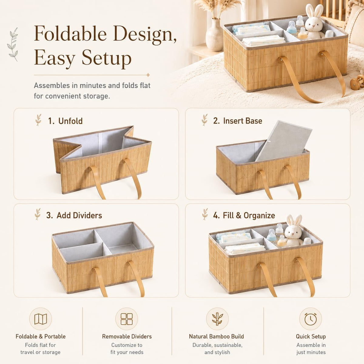 Large Wicker Baby Diaper Caddy Organizer, Bamboo Storage Basket with Removable Dividers, Wooden Nursery Bin for Portable Car, Boho Diaper Basket with Handles