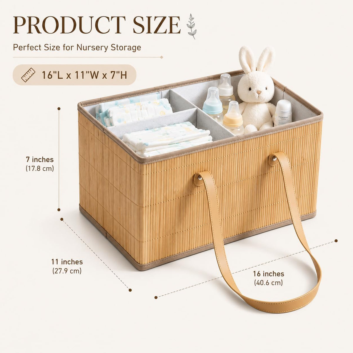 Large Wicker Baby Diaper Caddy Organizer, Bamboo Storage Basket with Removable Dividers, Wooden Nursery Bin for Portable Car, Boho Diaper Basket with Handles