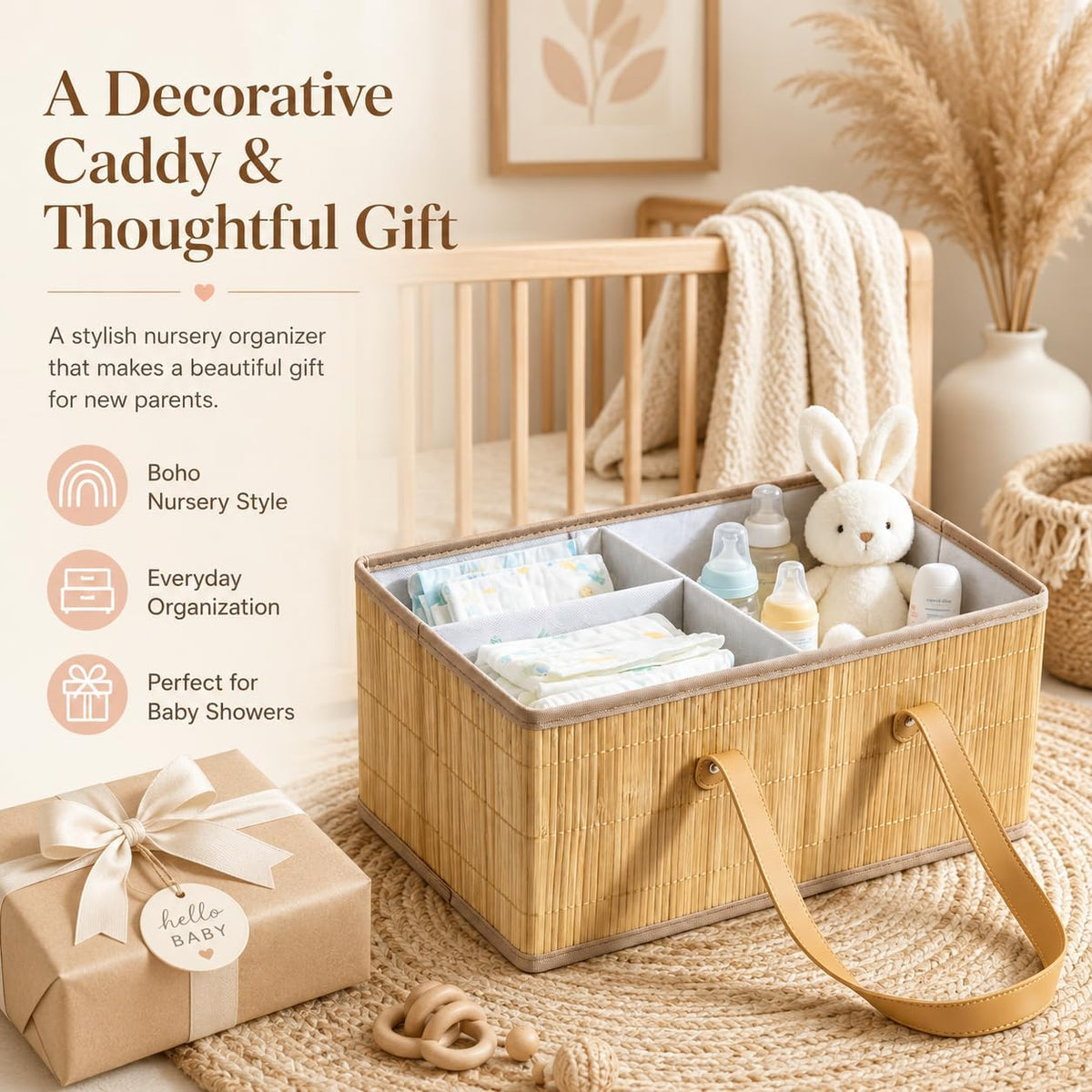 Large Wicker Baby Diaper Caddy Organizer, Bamboo Storage Basket with Removable Dividers, Wooden Nursery Bin for Portable Car, Boho Diaper Basket with Handles