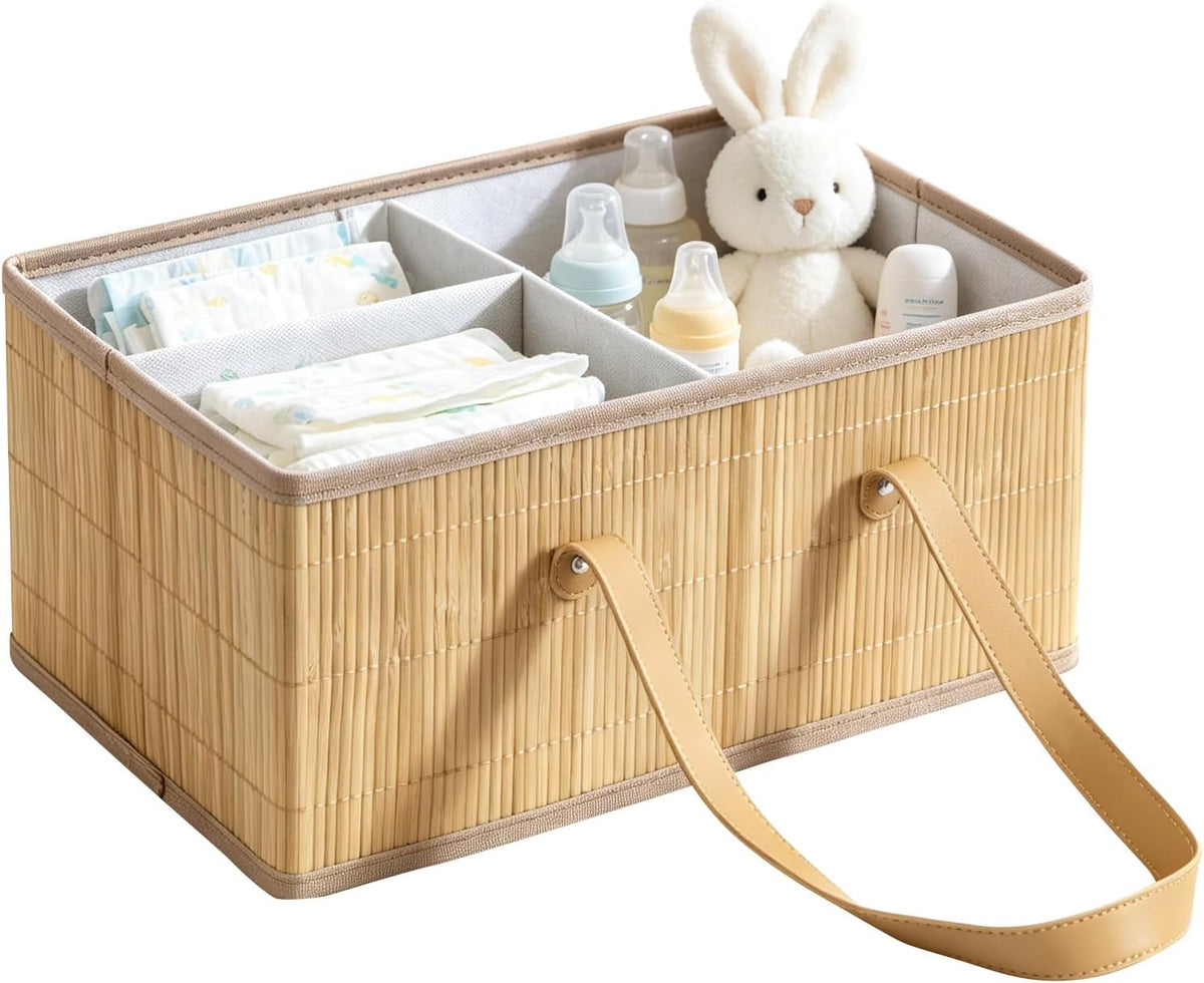 Large Wicker Baby Diaper Caddy Organizer, Bamboo Storage Basket with Removable Dividers, Wooden Nursery Bin for Portable Car, Boho Diaper Basket with Handles