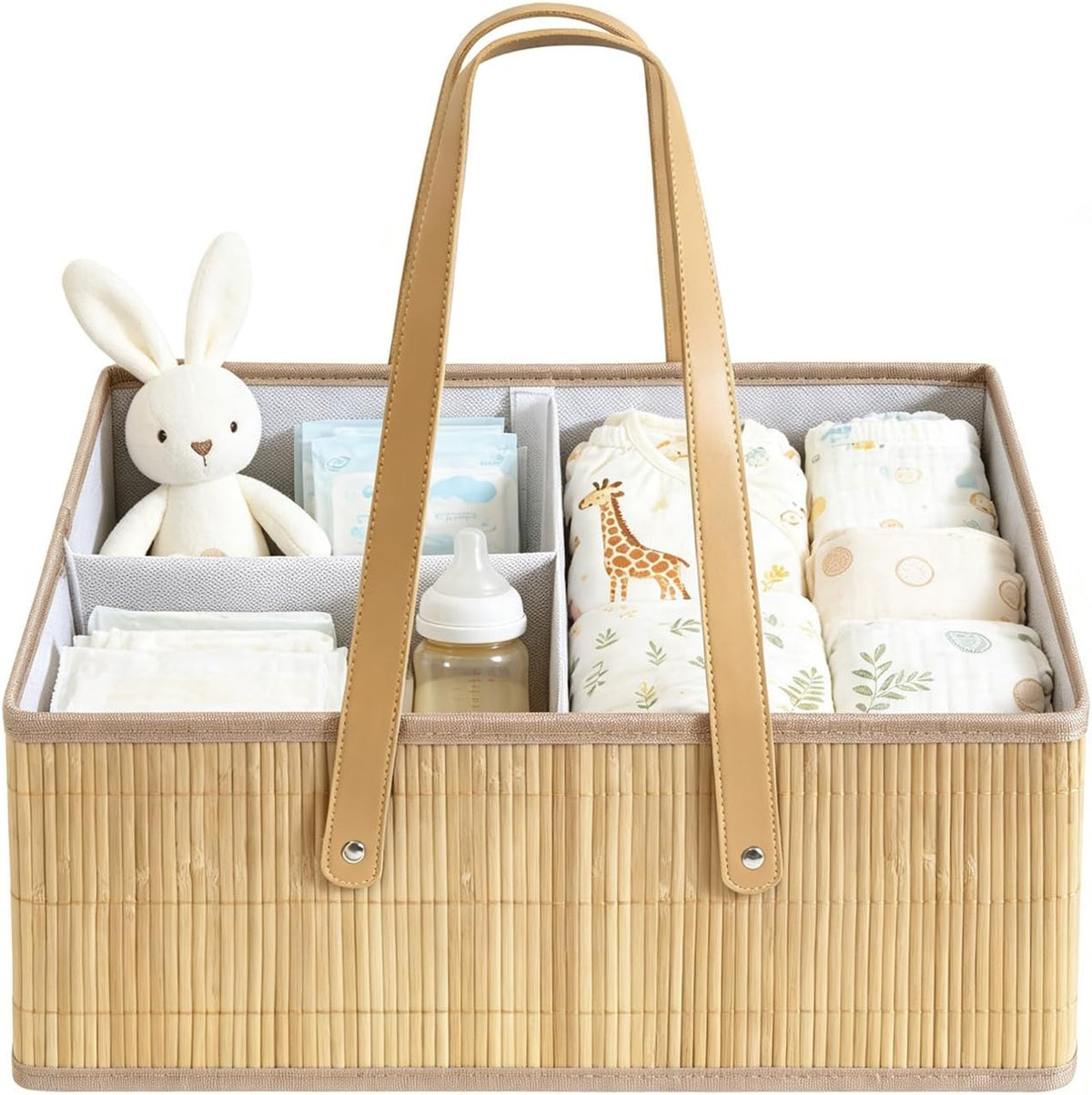 Large Wicker Baby Diaper Caddy Organizer, Bamboo Storage Basket with Removable Dividers, Wooden Nursery Bin for Portable Car, Boho Diaper Basket with Handles