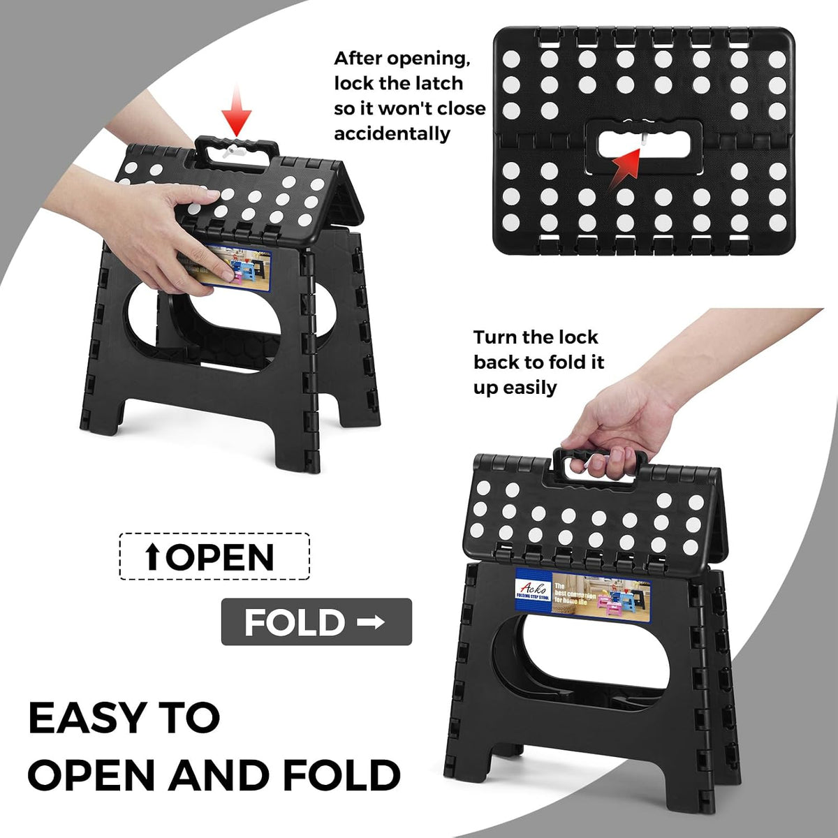 13 Inch Folding Step Stool, Holds 300 lb for Adults and Kids, Black