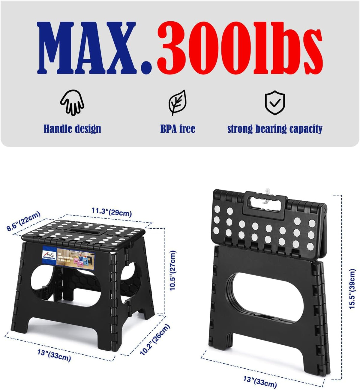 13 Inch Folding Step Stool, Holds 300 lb for Adults and Kids, Black