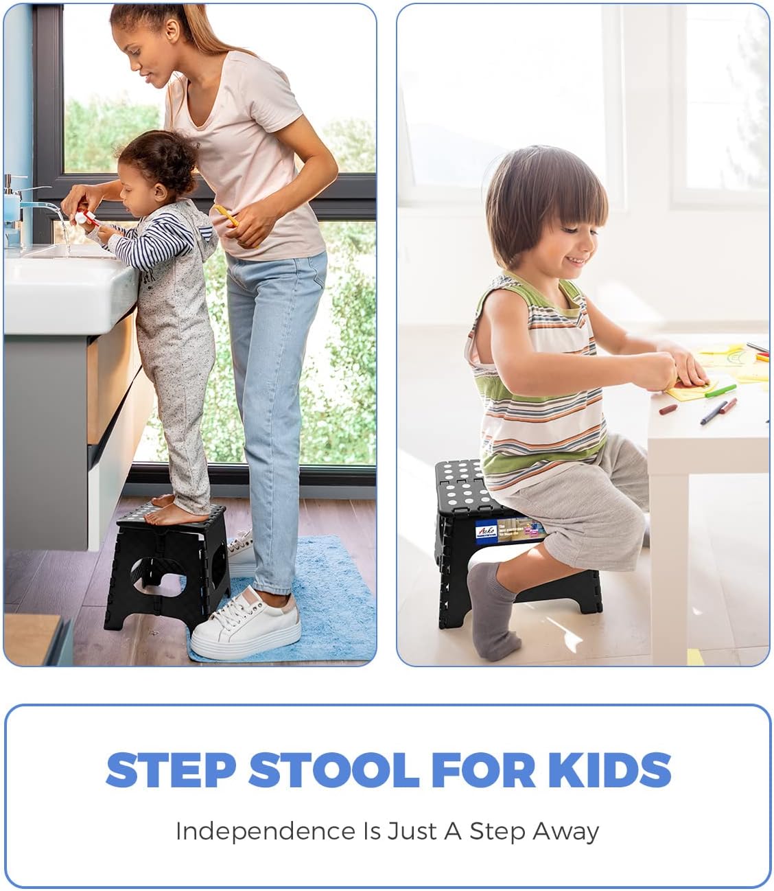 13 Inch Folding Step Stool, Holds 300 lb for Adults and Kids, Black