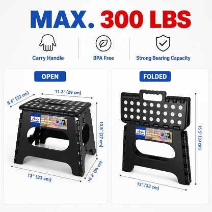 13 Inch Folding Step Stool, Holds 300 lb for Adults and Kids, Black