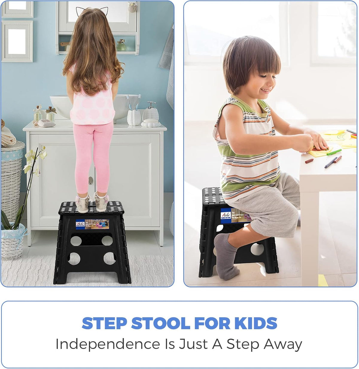 13 Inch Folding Step Stool, Holds 300 lb for Adults and Kids, Black