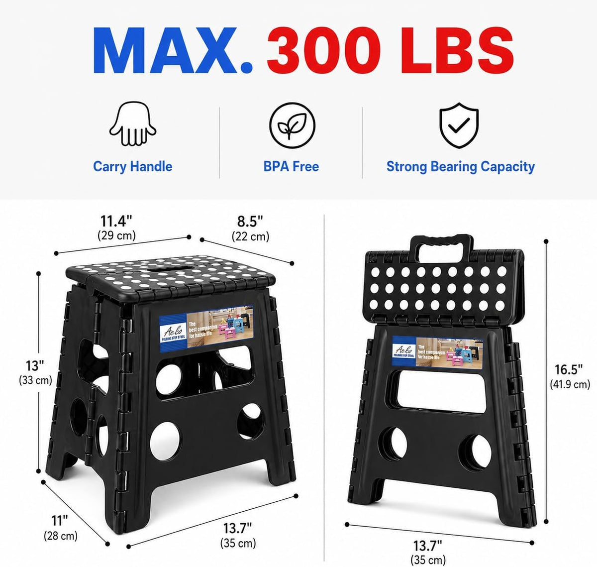 13 Inch Folding Step Stool, Holds 300 lb for Adults and Kids, Black
