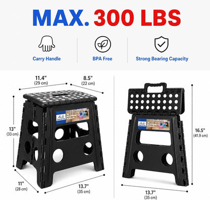 13 Inch Folding Step Stool, Holds 300 lb for Adults and Kids, Black