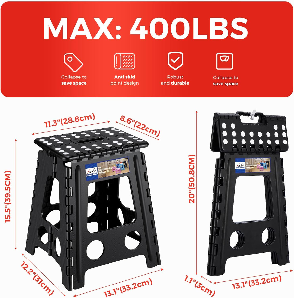 13 Inch Folding Step Stool, Holds 300 lb for Adults and Kids, Black