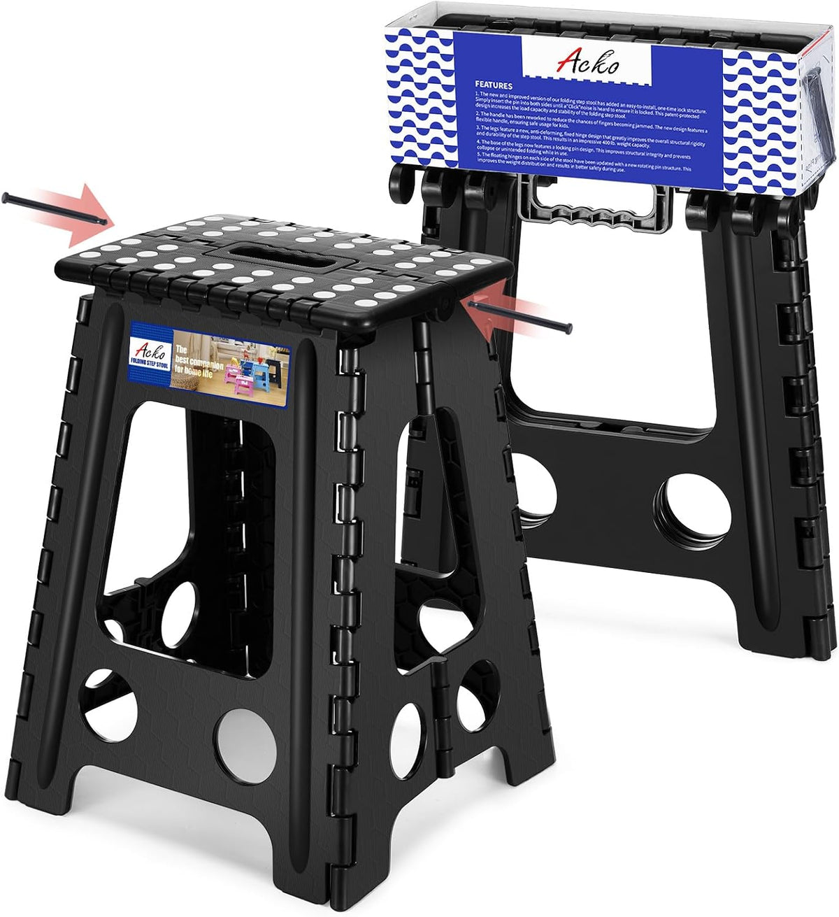 13 Inch Folding Step Stool, Holds 300 lb for Adults and Kids, Black