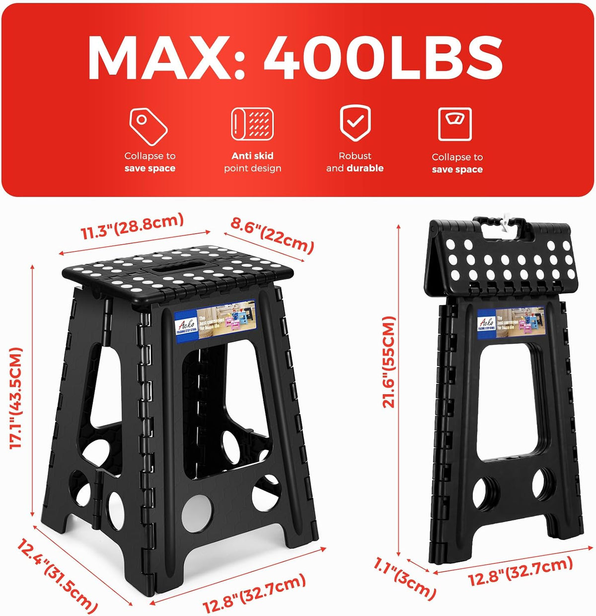 13 Inch Folding Step Stool, Holds 300 lb for Adults and Kids, Black