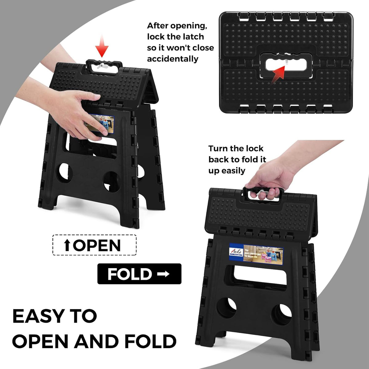 13 Inch Folding Step Stool, Holds 300 lb for Adults and Kids, Black