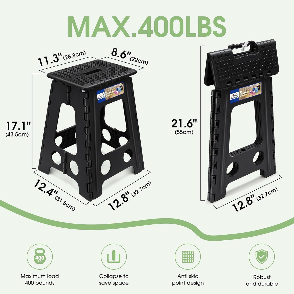 13 Inch Folding Step Stool, Holds 300 lb for Adults and Kids, Black
