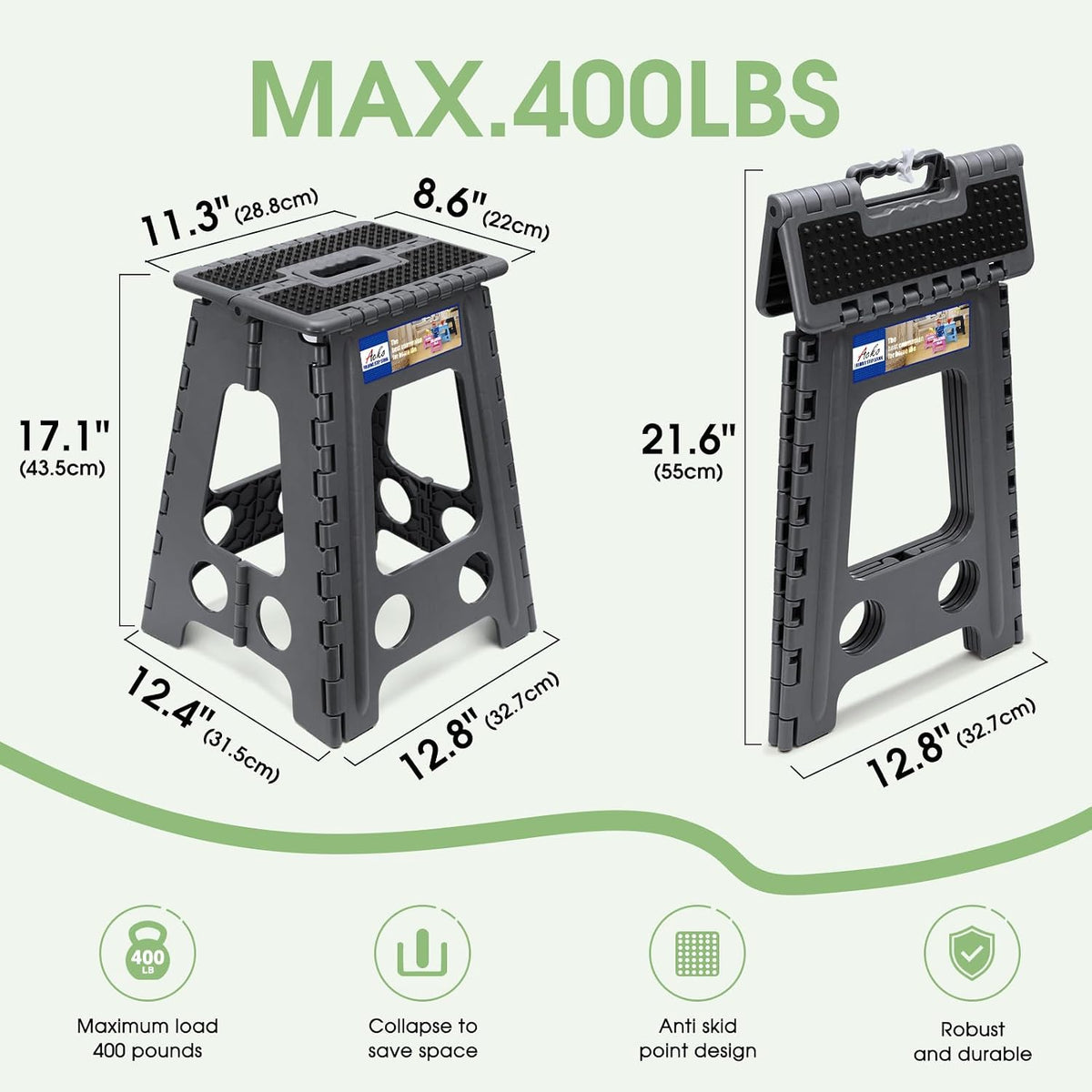 13 Inch Folding Step Stool, Holds 300 lb for Adults and Kids, Black