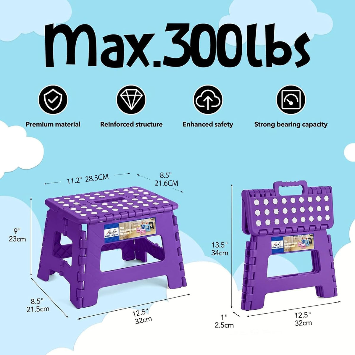 13 Inch Folding Step Stool, Holds 300 lb for Adults and Kids, Black