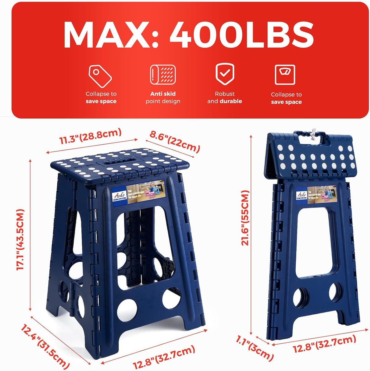 13 Inch Folding Step Stool, Holds 300 lb for Adults and Kids, Black