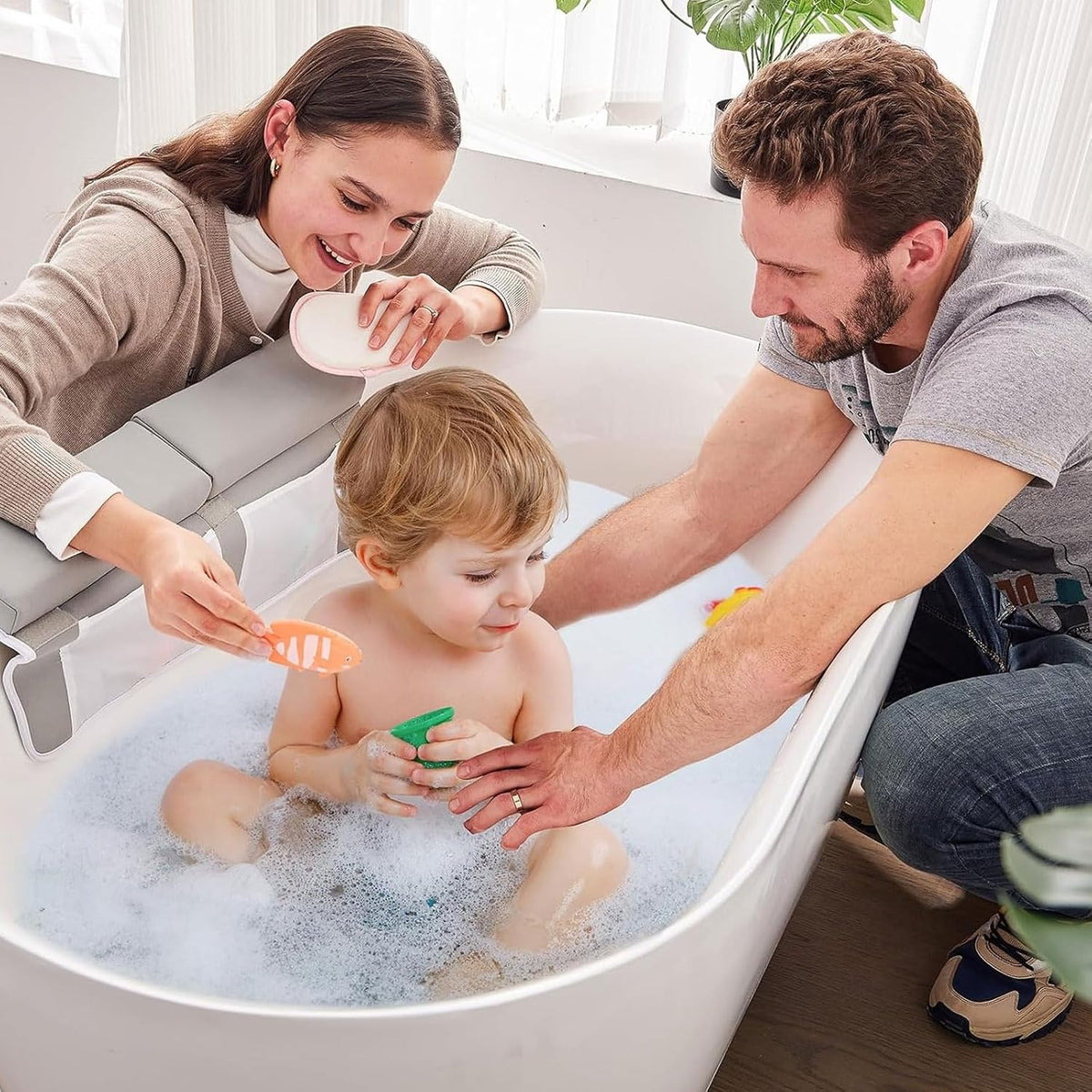 Baby Bath Kneeler and Elbow Rest Pad Set - 22'' Extra Long Quick Dry Kneeling Pad for Bathing Baby with Knee & Arm Support, Foldable Non-Slip Bathtub Mat with Toys Organizer
