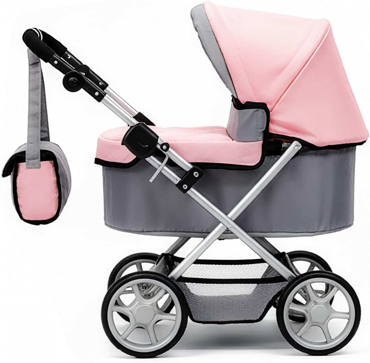 Baby Doll Stroller, Pink and Gray Foldable Pram with Adjustable Hood, Storage Basket and Shoulder Bag, Lightweight Buggy for Dolls Up to 22 Inches, Girls Age 3+