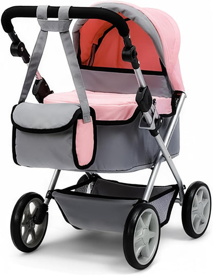 Baby Doll Stroller, Pink and Gray Foldable Pram with Adjustable Hood, Storage Basket and Shoulder Bag, Lightweight Buggy for Dolls Up to 22 Inches, Girls Age 3+